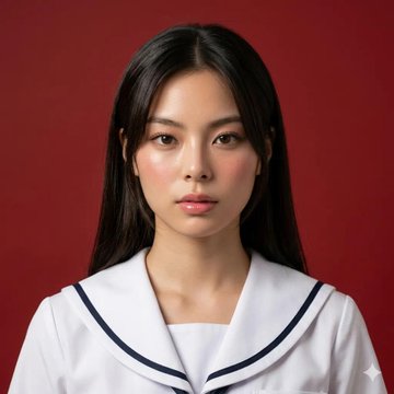 A woman in a white sailor uniform with a dark navy-blue striped collar, centered against a deep crimson background.