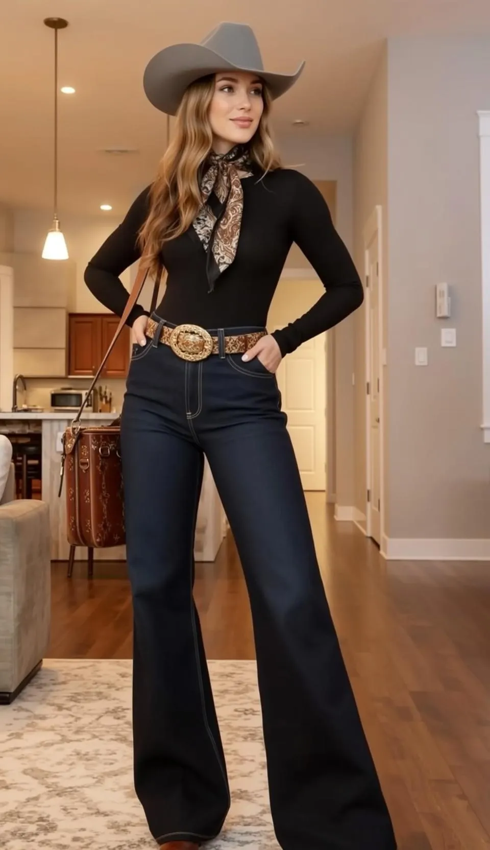 Black Bodysuit Flared Jeans Hallway