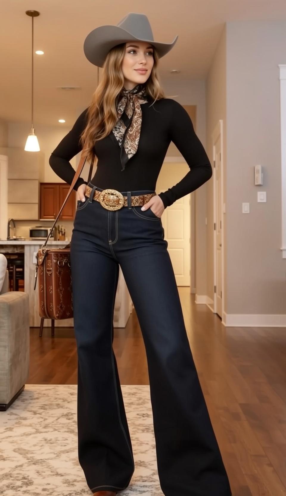 Black Bodysuit Flared Jeans Hallway