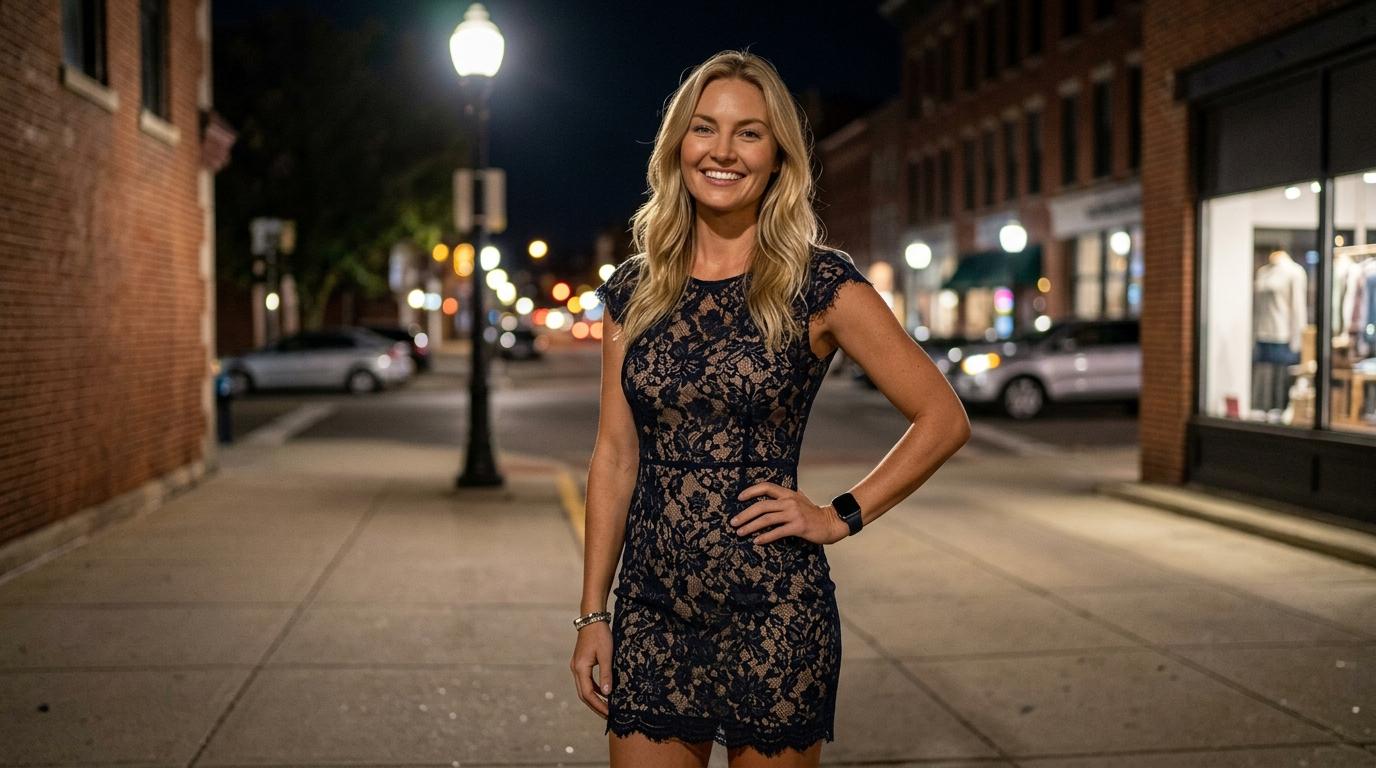 Stands Confidently On Quiet City Street At Night Beneath Glowing