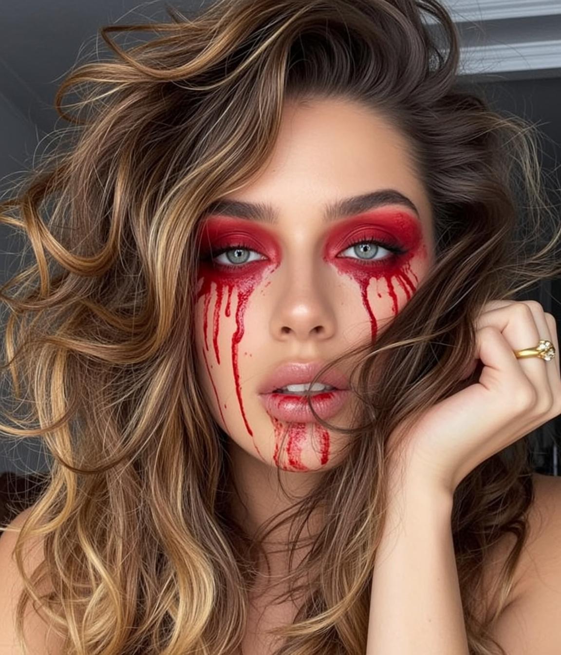 Halloween Makeup Striking Blue Eyes Long Wavy