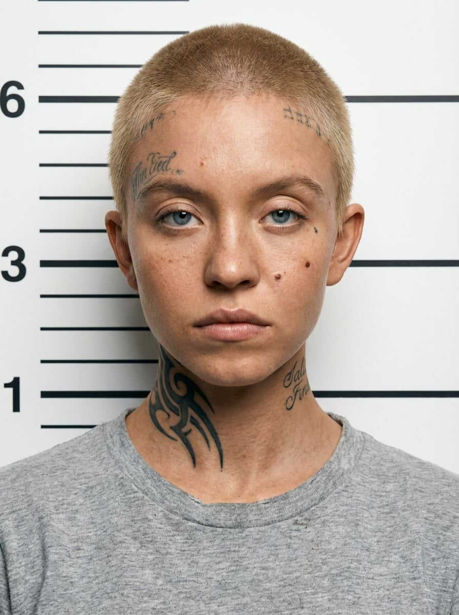 A medium-shot mugshot portrait showing a person with a buzzed haircut and facial tattoos, in a grey t-shirt against a white wall.