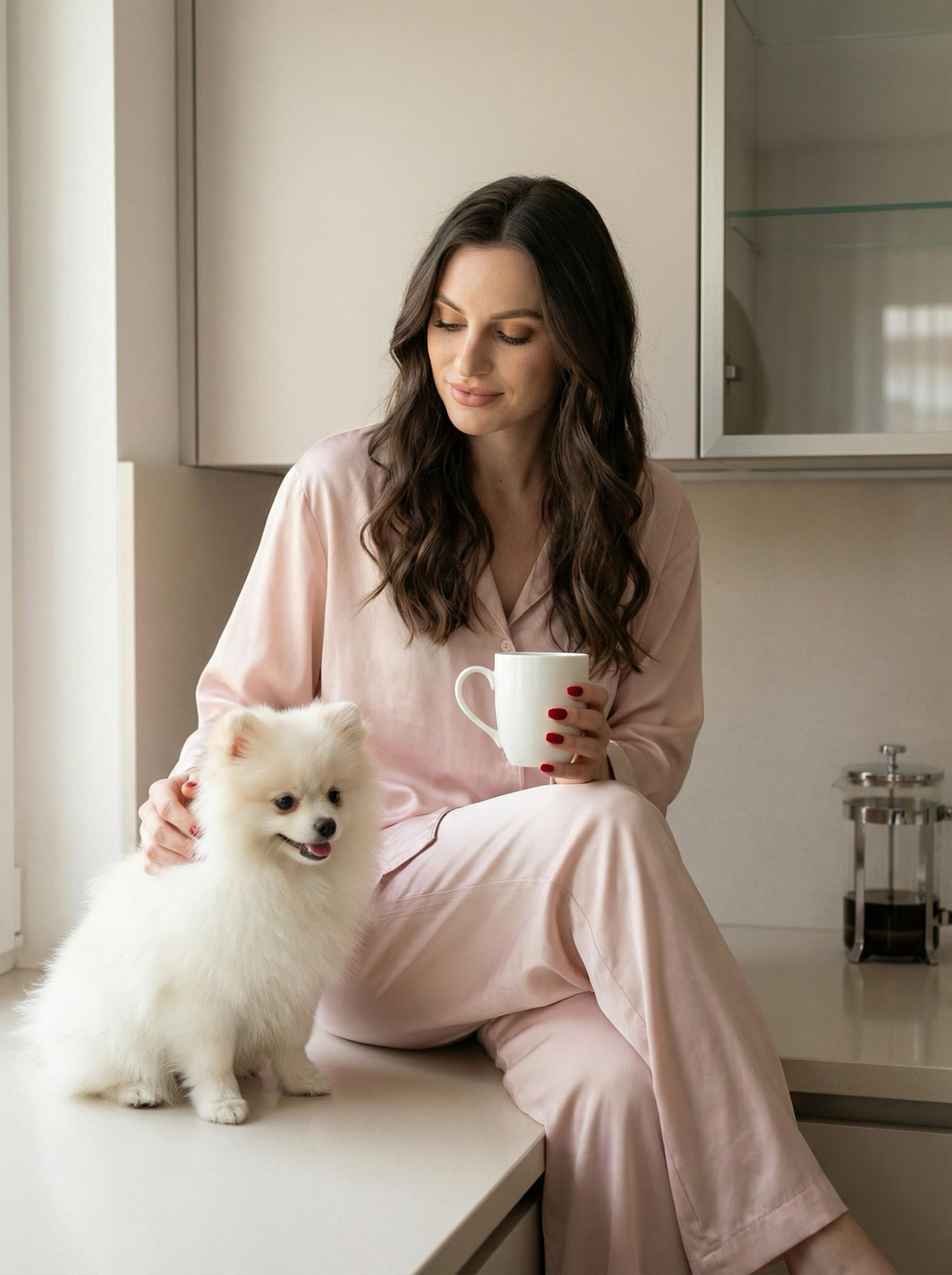 A woman in light pink pajamas holding a ceramic mug and petting a small animal on a kitchen counter.