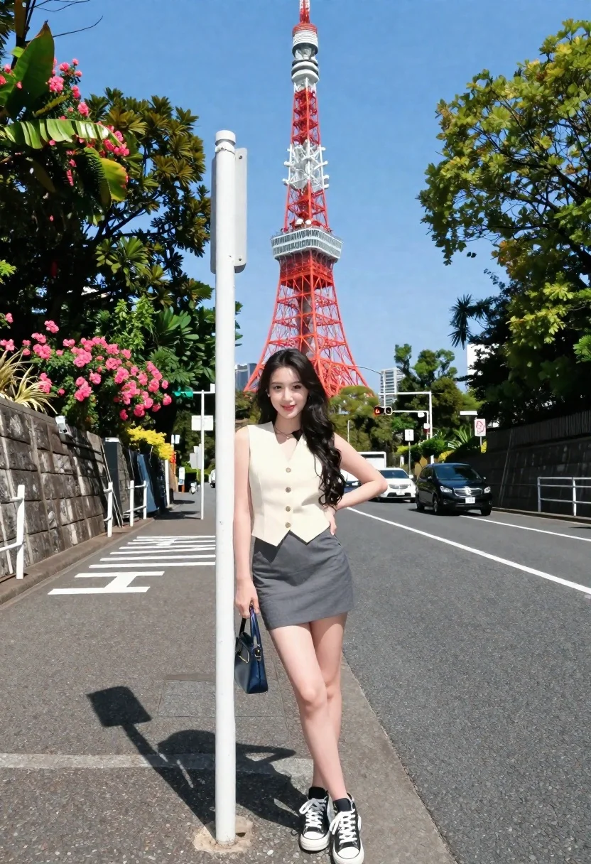 Young Woman Stands Confidently Paved Road With The Iconic Red