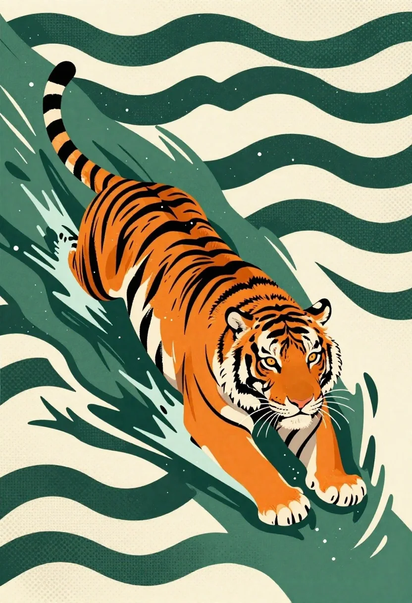 Digital Illustration Majestic Tiger Swimming Stylized Water Waves Subject Orange reference photo