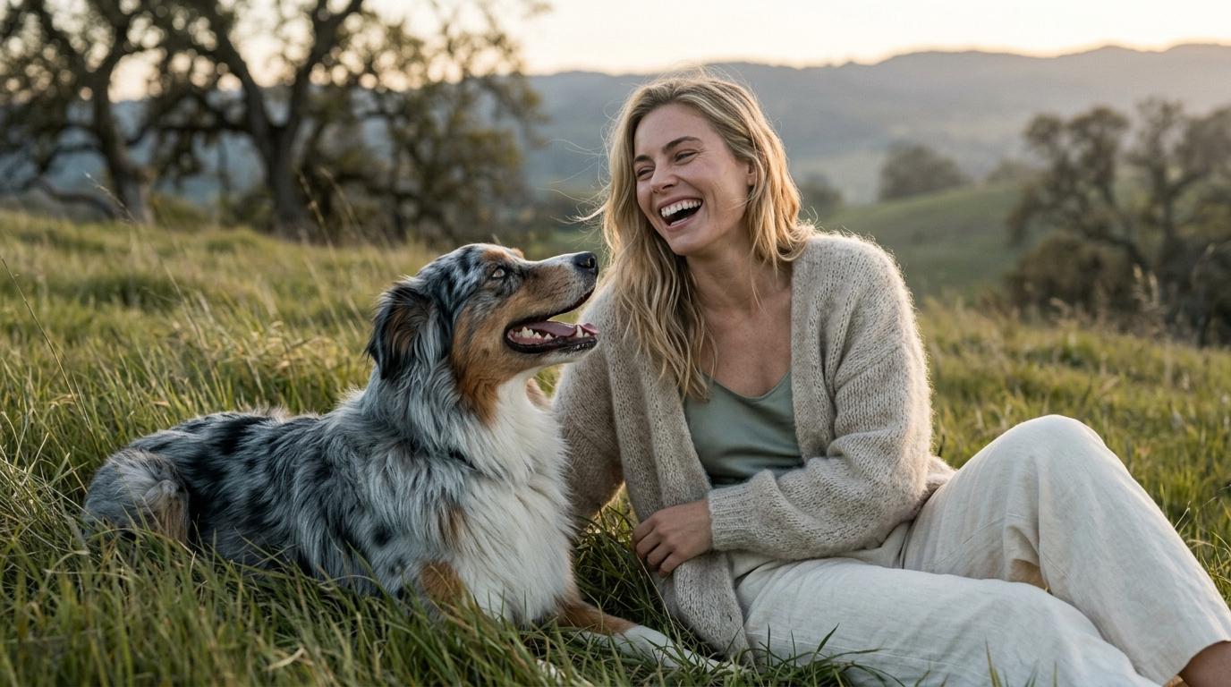 Australian Shepherd Windswept Grassy Hillside