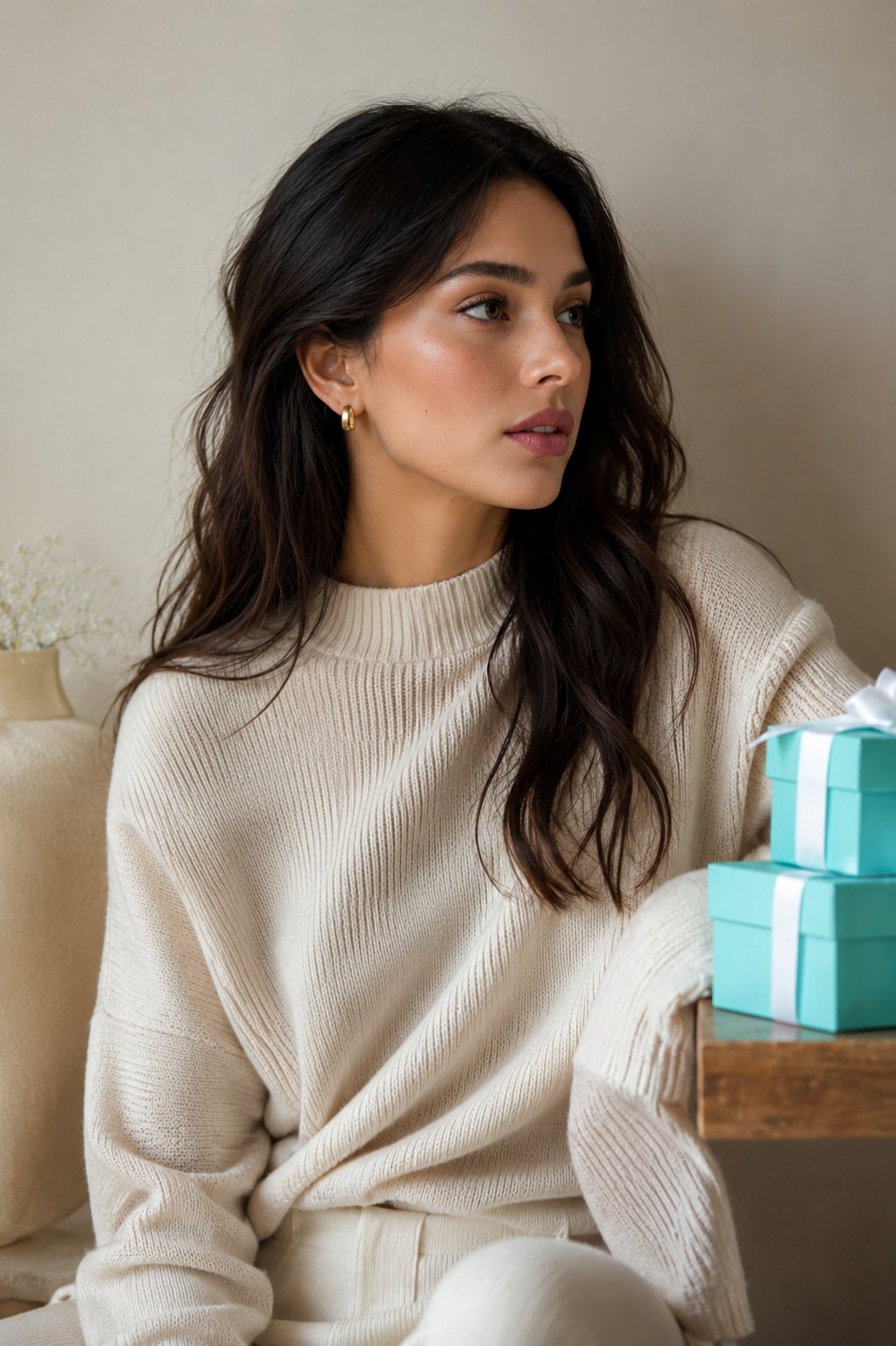 Medium In With Long Wavy Dark Wearing Thick Cream Colored