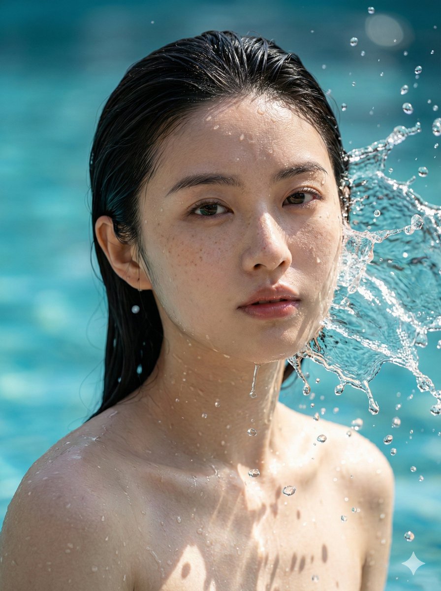 Close-up portrait of a person with slicked back black hair, featured in a turquoise water splash, showcasing vibrant water droplets freezing in the air.