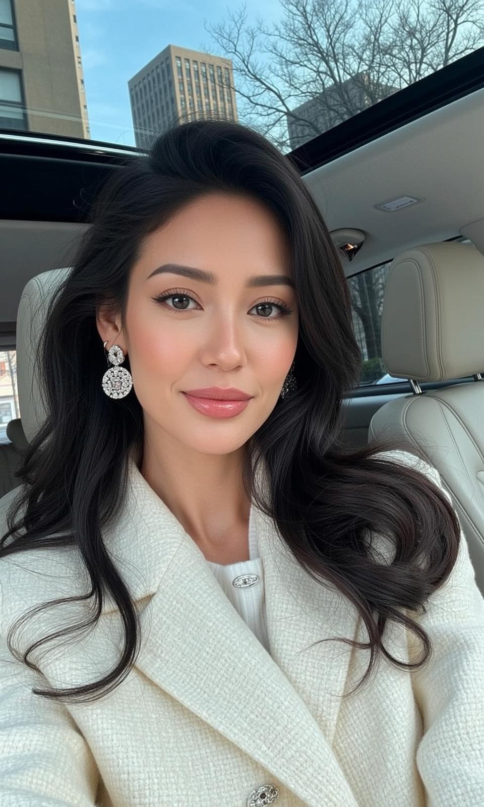 White Knit Sweater White Tweed Blazer Sitting Looking at Camera