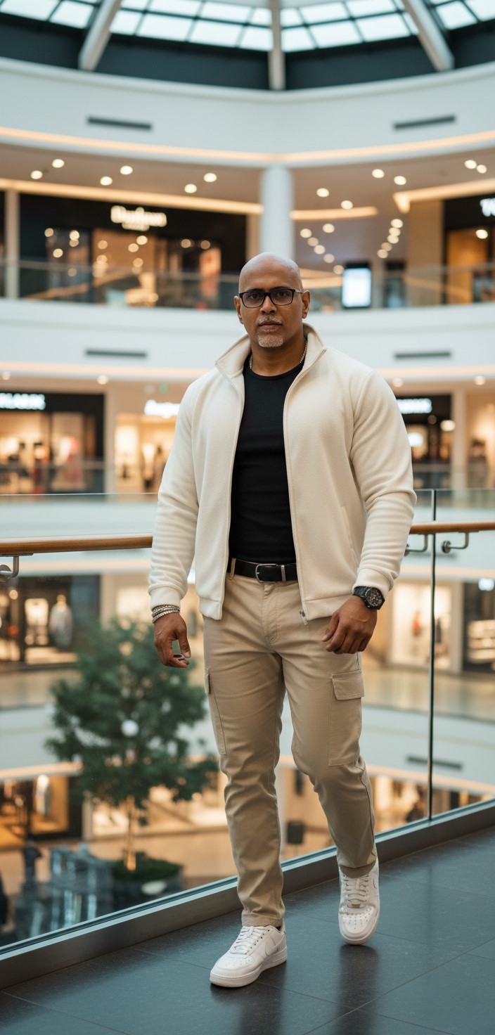 A stylish South Asian young man in an off-white fleece jacket, walking along a glass balcony in a luxury modern mall.