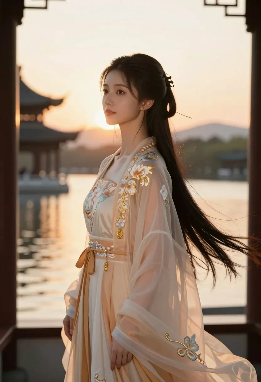Young Woman With Long Dark Hair Stands Profile Against Warm