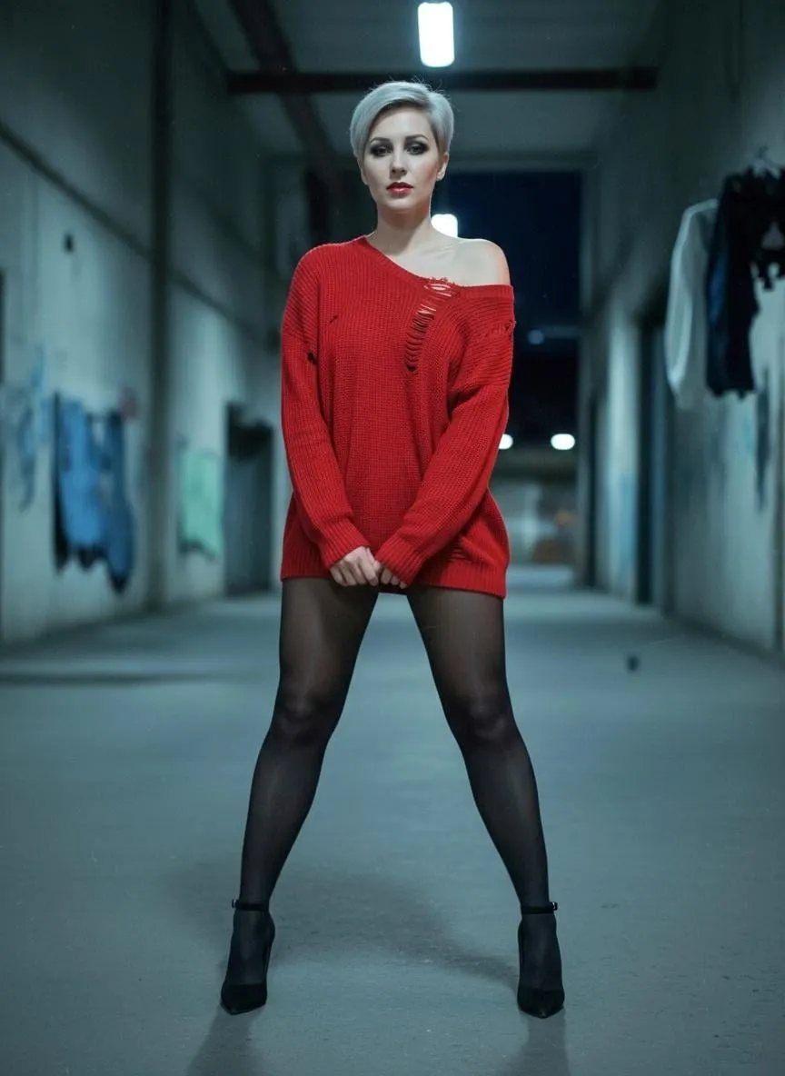 Red Sweater Ripped Concrete Hallway Night
