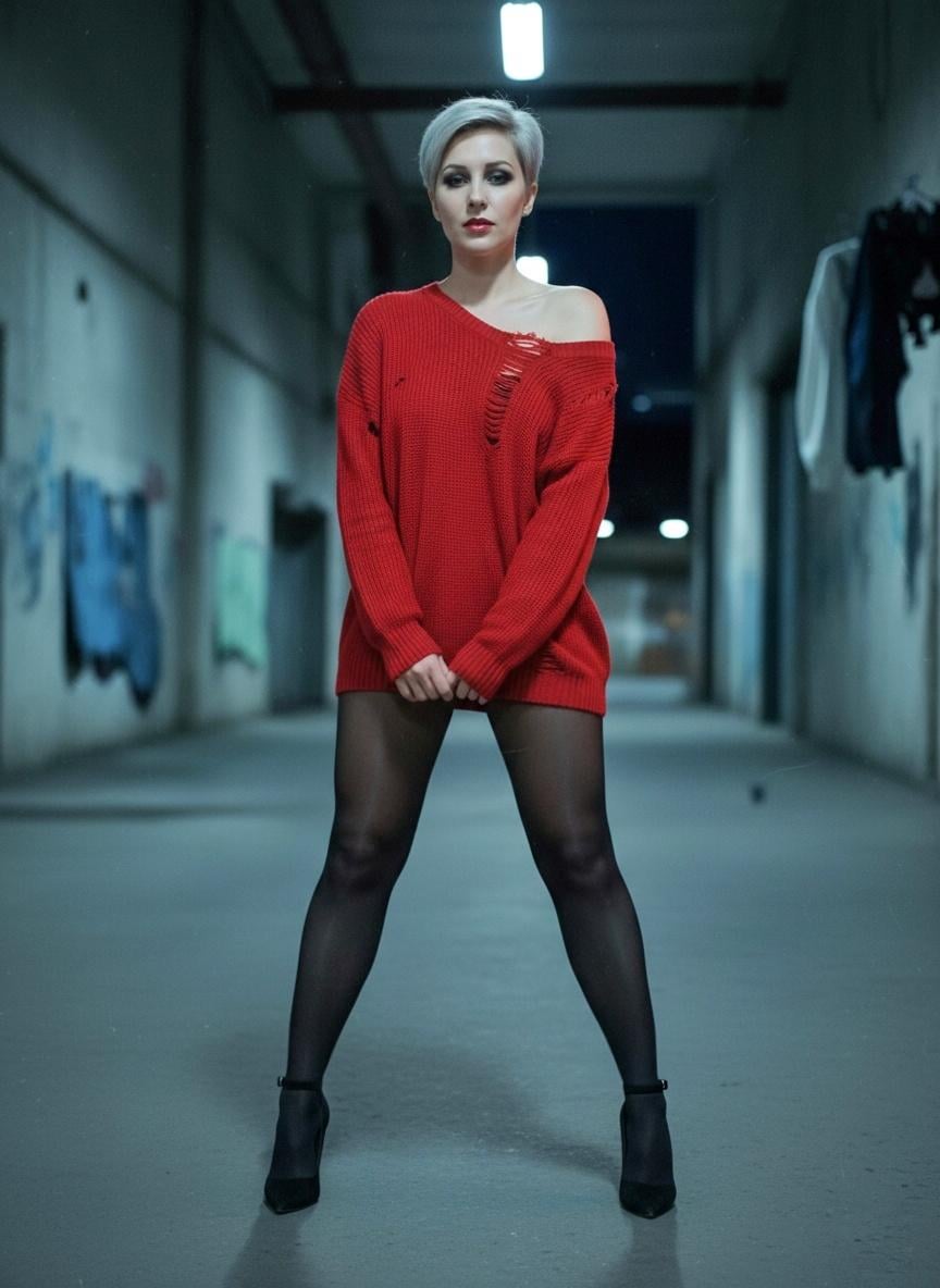 Red Sweater Ripped Concrete Hallway Night