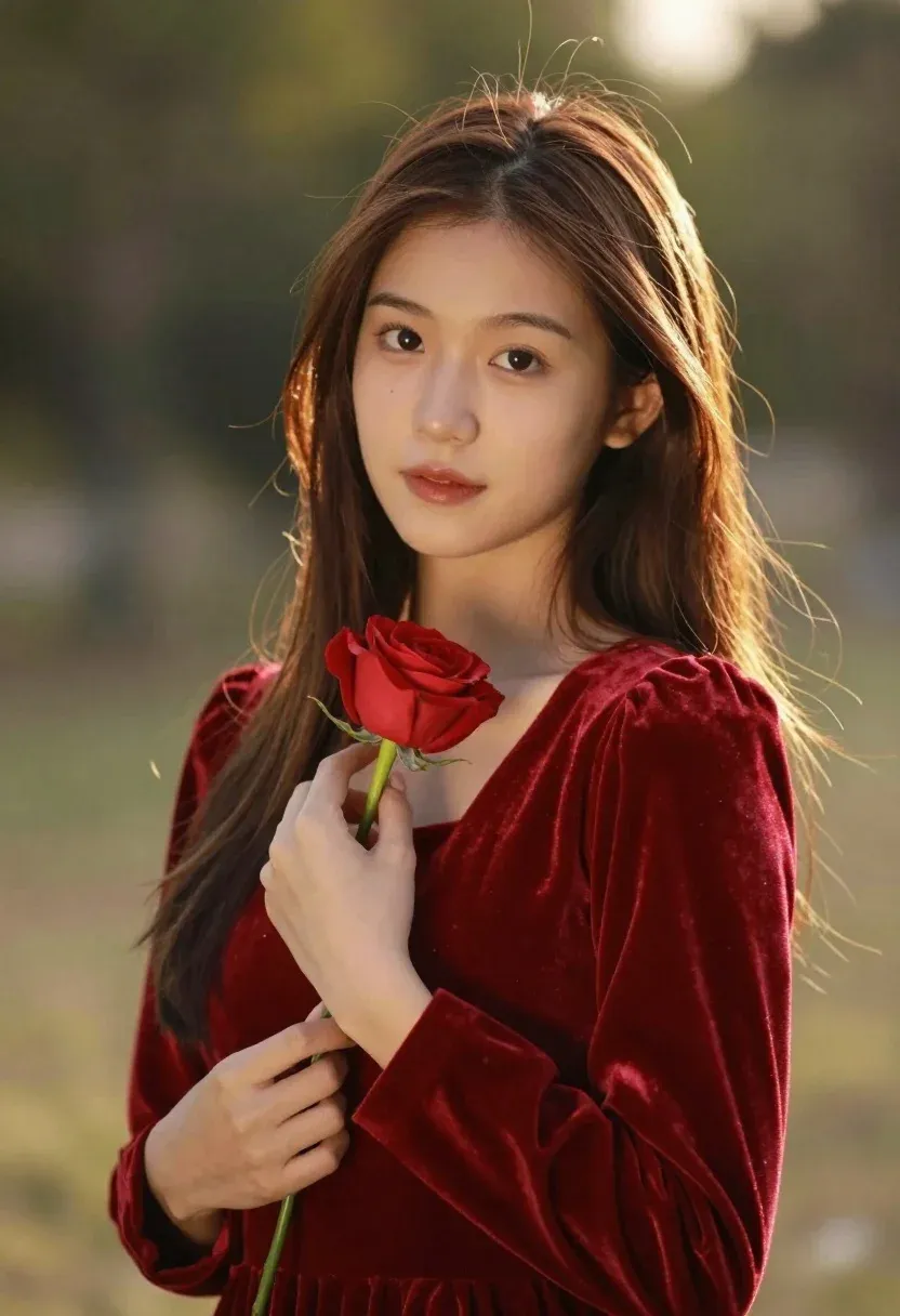 Young Woman With Long Brown Hair Stands Soft-focus Outdoor Setting