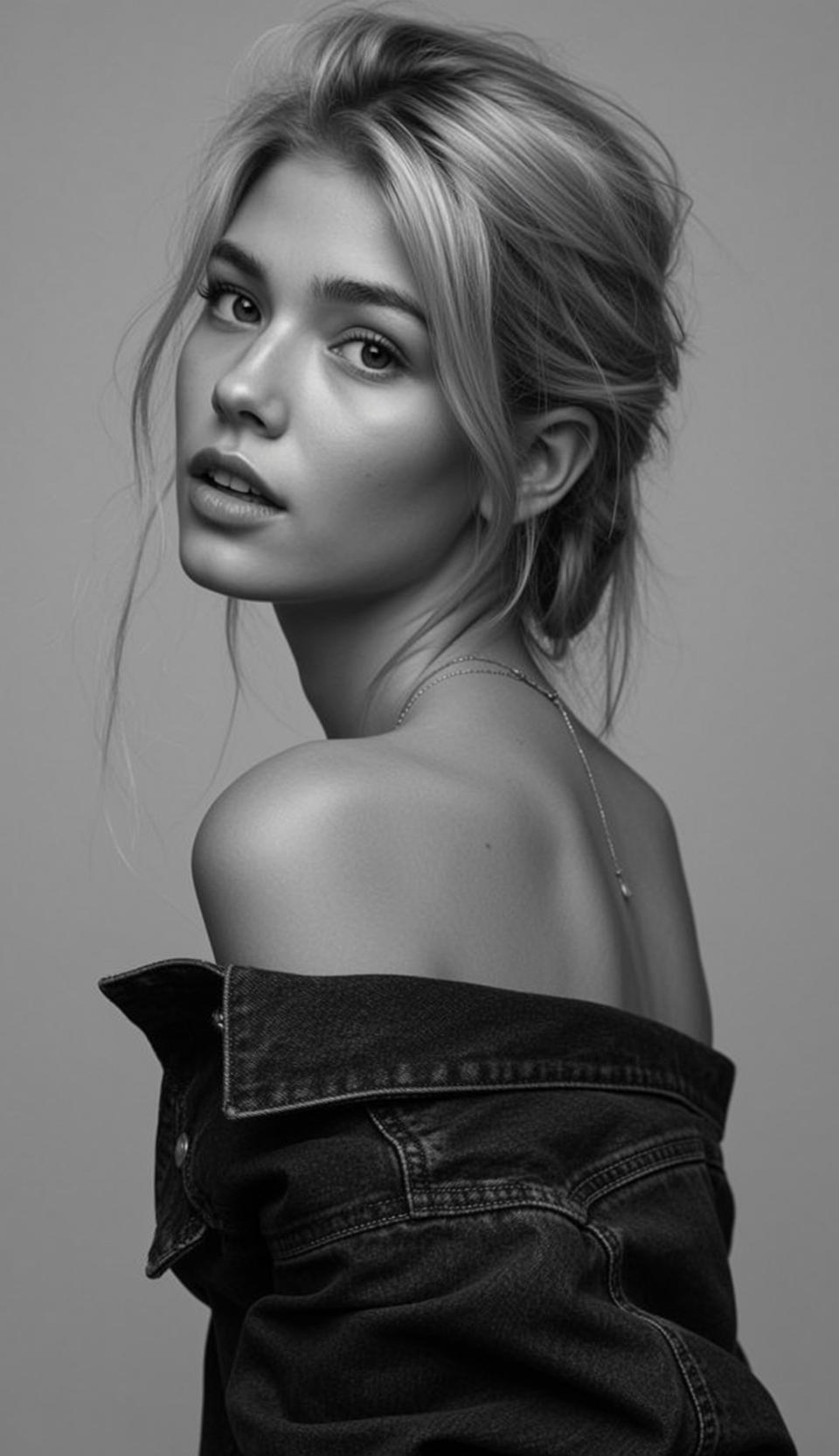 Photorealistic Black And White Portrait Young Woman Looking Over Her