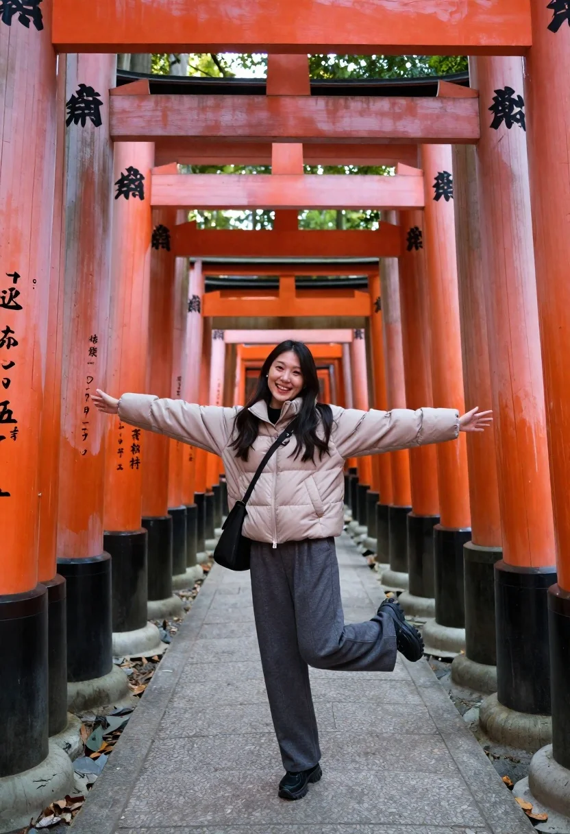 Young Woman Stands With Arms Outstretched Joyful Pose The Fushimi