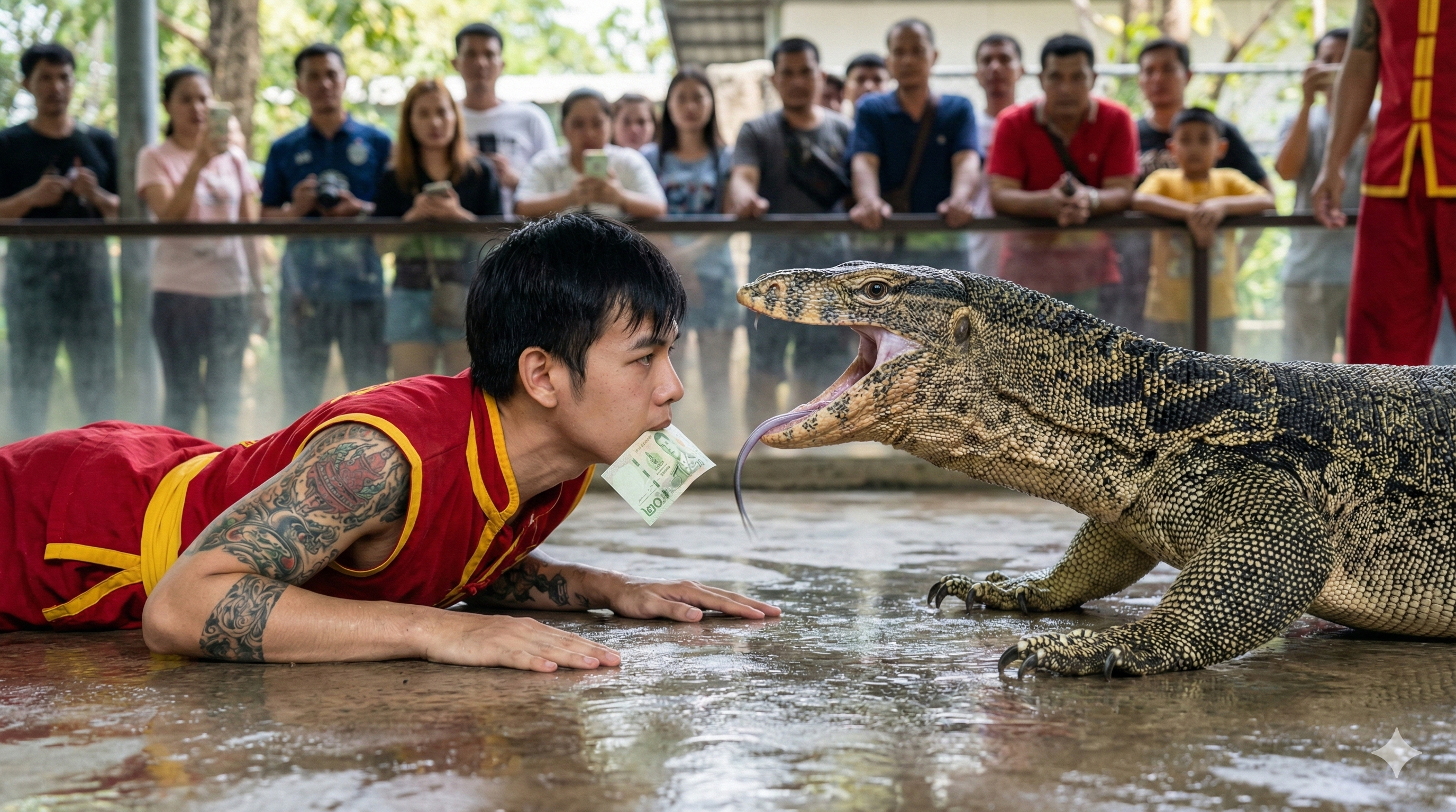 Thai Man With Monitor Lizard Stunt