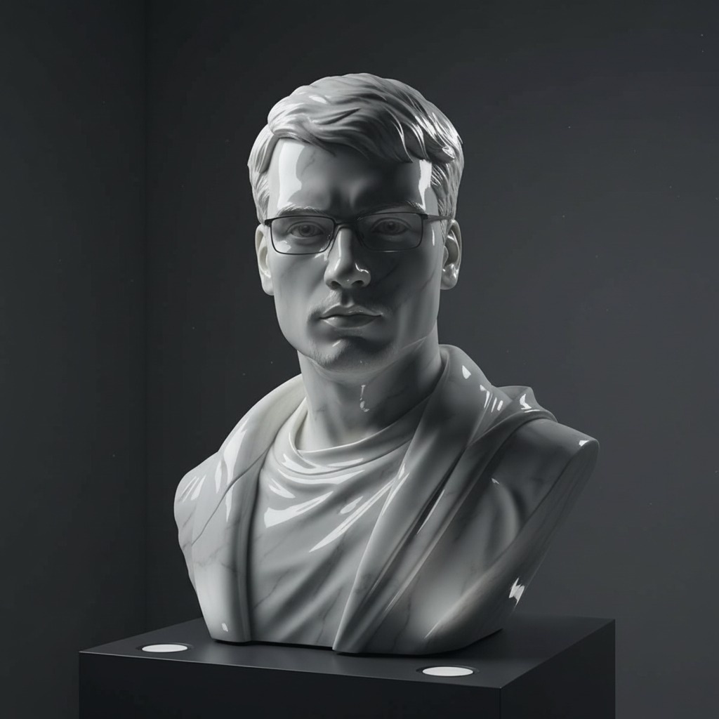 Photorealistic ultra-detailed marble sculpture of a subject, showcasing smooth and reflective surfaces with artistic craftsmanship.
