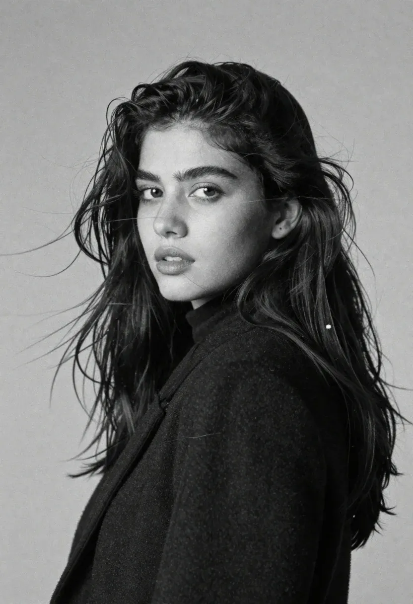 Analog Black And White Film Portrait Woman With Wind-blown Hair