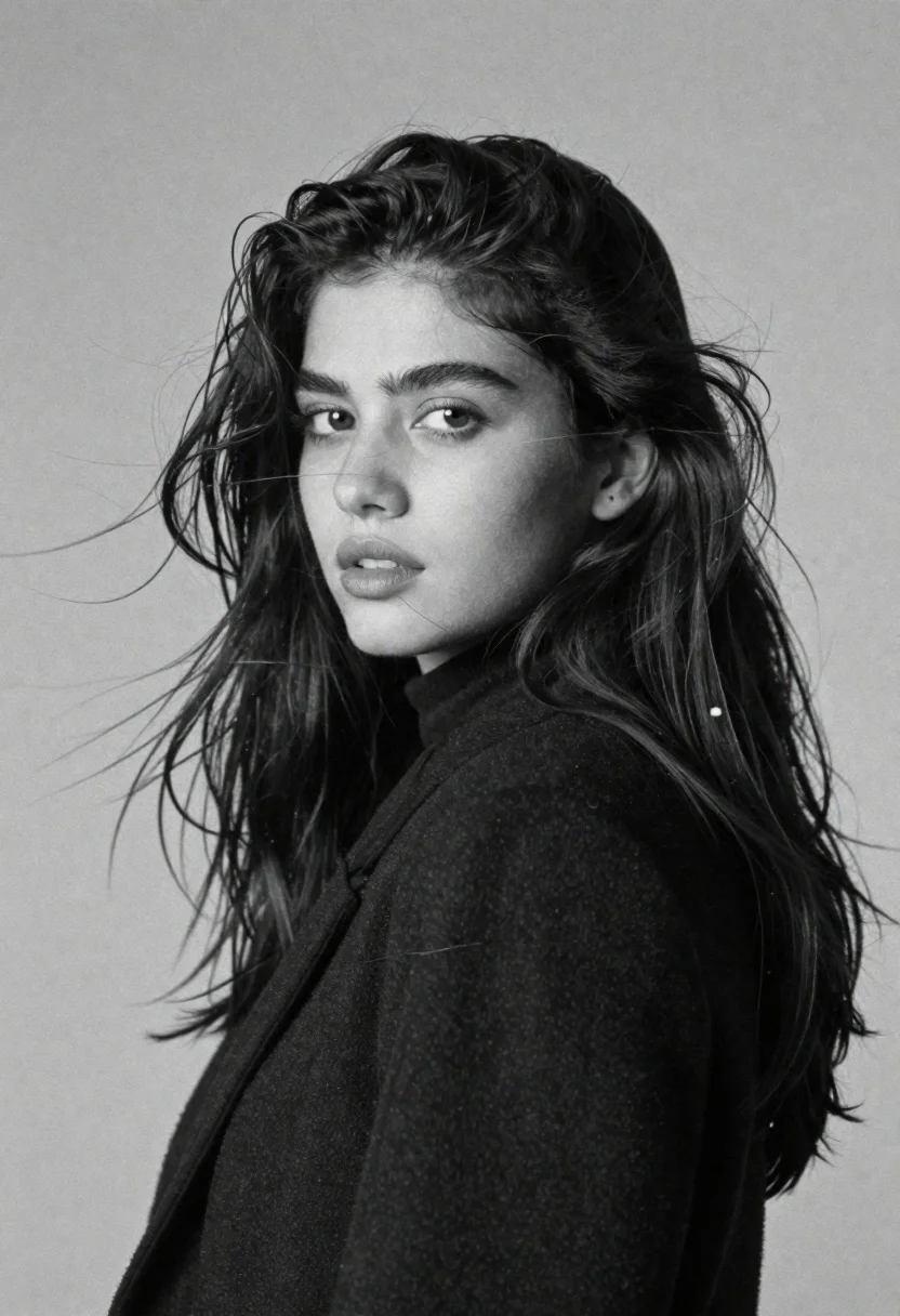 Analog Black And White Film Portrait Woman With Wind-blown Hair reference photo