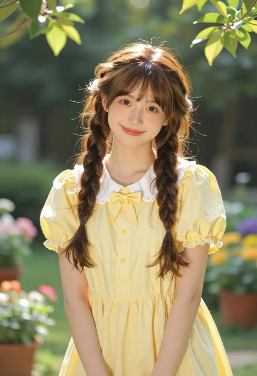 Cheerful Young Woman With Light Brown Hair Styled Two Long