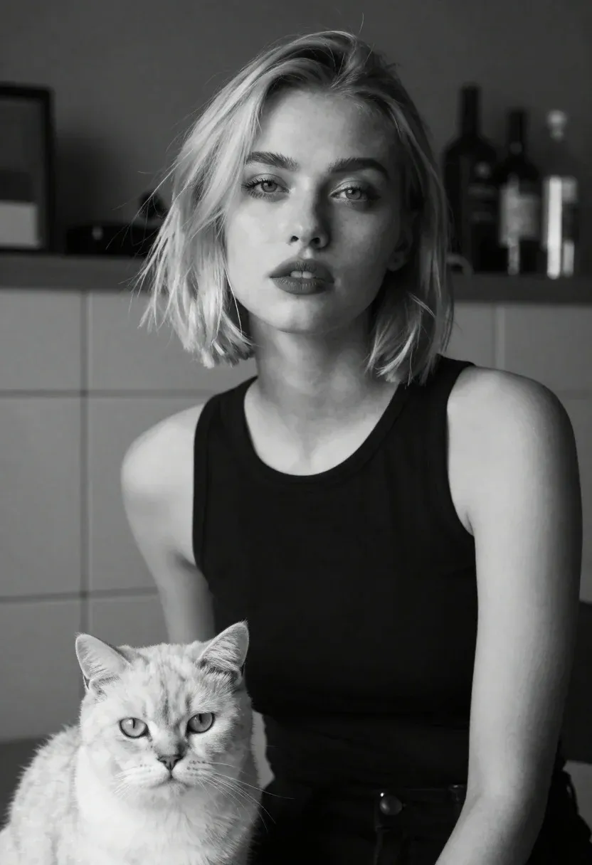 Monochrome Portrait Woman With Short Hair And Soft Makeup Sitting