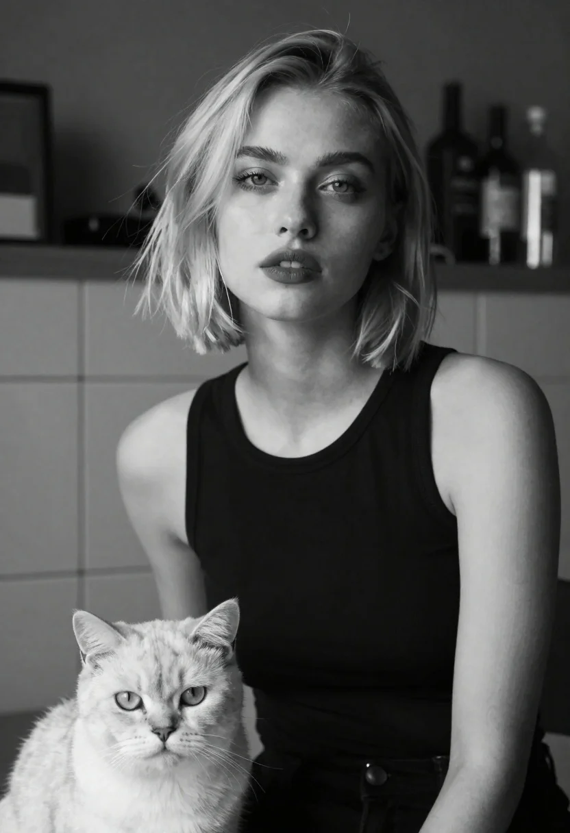 Monochrome Portrait Woman With Short Hair And Soft Makeup Sitting reference photo