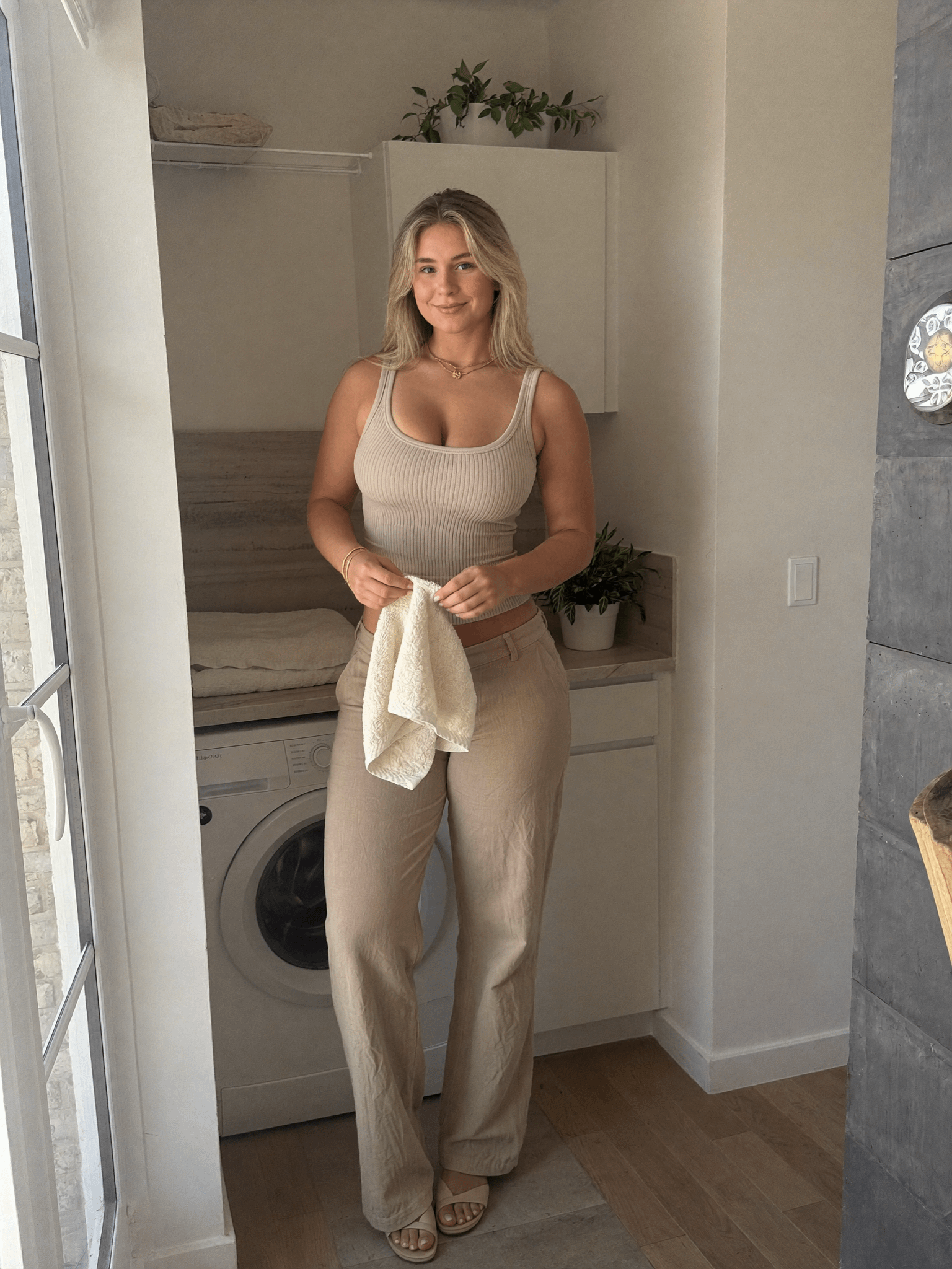 Laundry Room Beige Outfit Natural Light Plant Detail