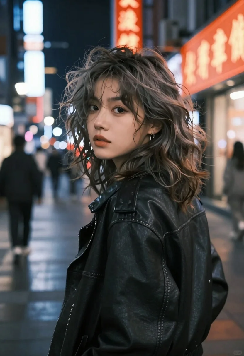 Portrait Photo Young Woman Standing Bustling Neon-lit City Street Night reference photo