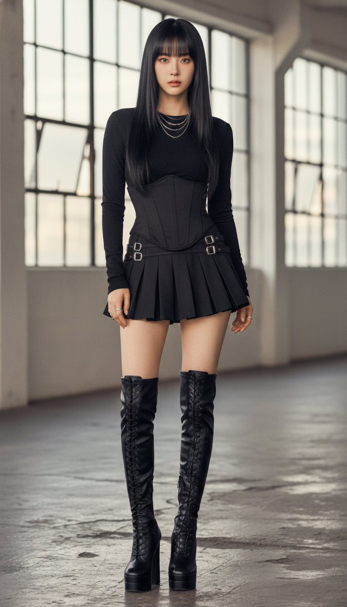 Full-body portrait of an East Asian female idol with jet black hair, wearing a structured long-sleeve top and pleated mini skirt, standing confidently against a muted industrial backdrop.