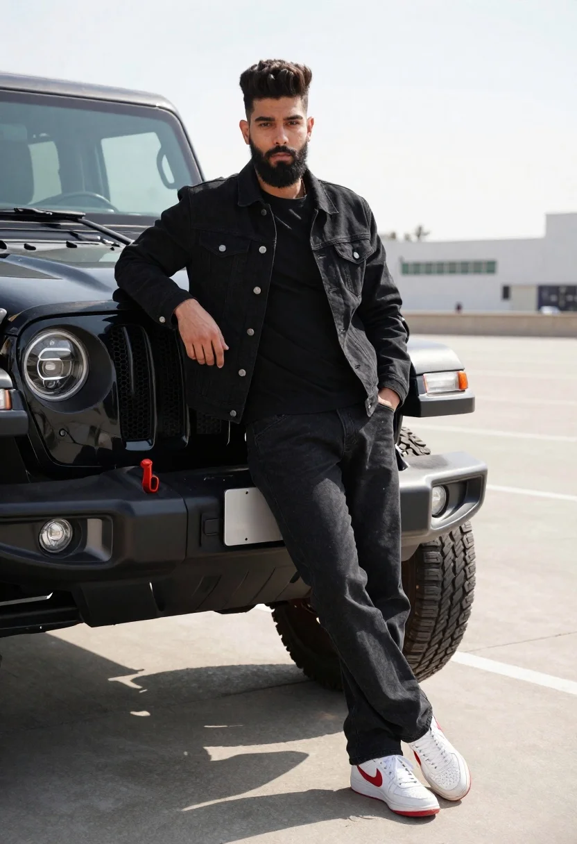 Stylish Young Man With Beard And Dark Hair Leans Casually