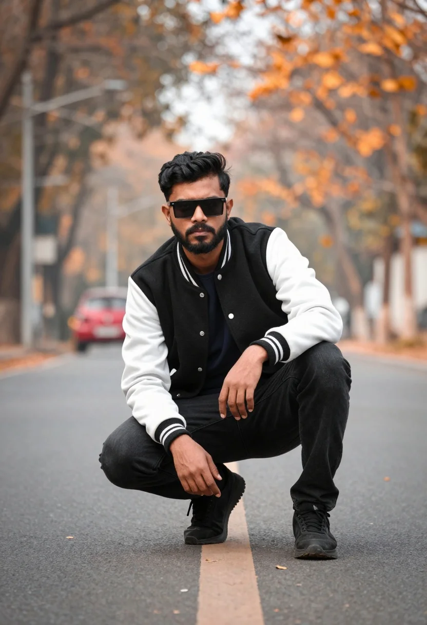 Man Crouching Confidently The Middle Paved Road With Blurred Trees