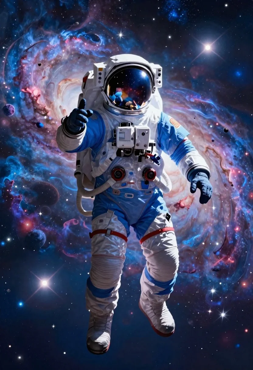 Digital Painting Astronaut Floating Deep Space Against Vibrant Cosmic Backdrop reference photo