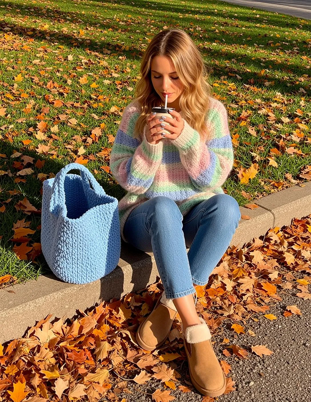 Striped Sweater Curb Coffee Break