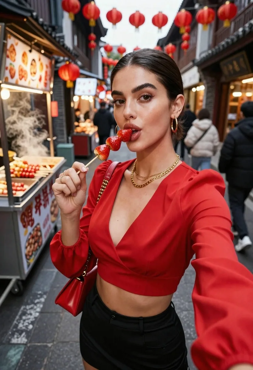 Woman Vibrant Red Outfit Takes Selfie While Holding Skewer Glazed