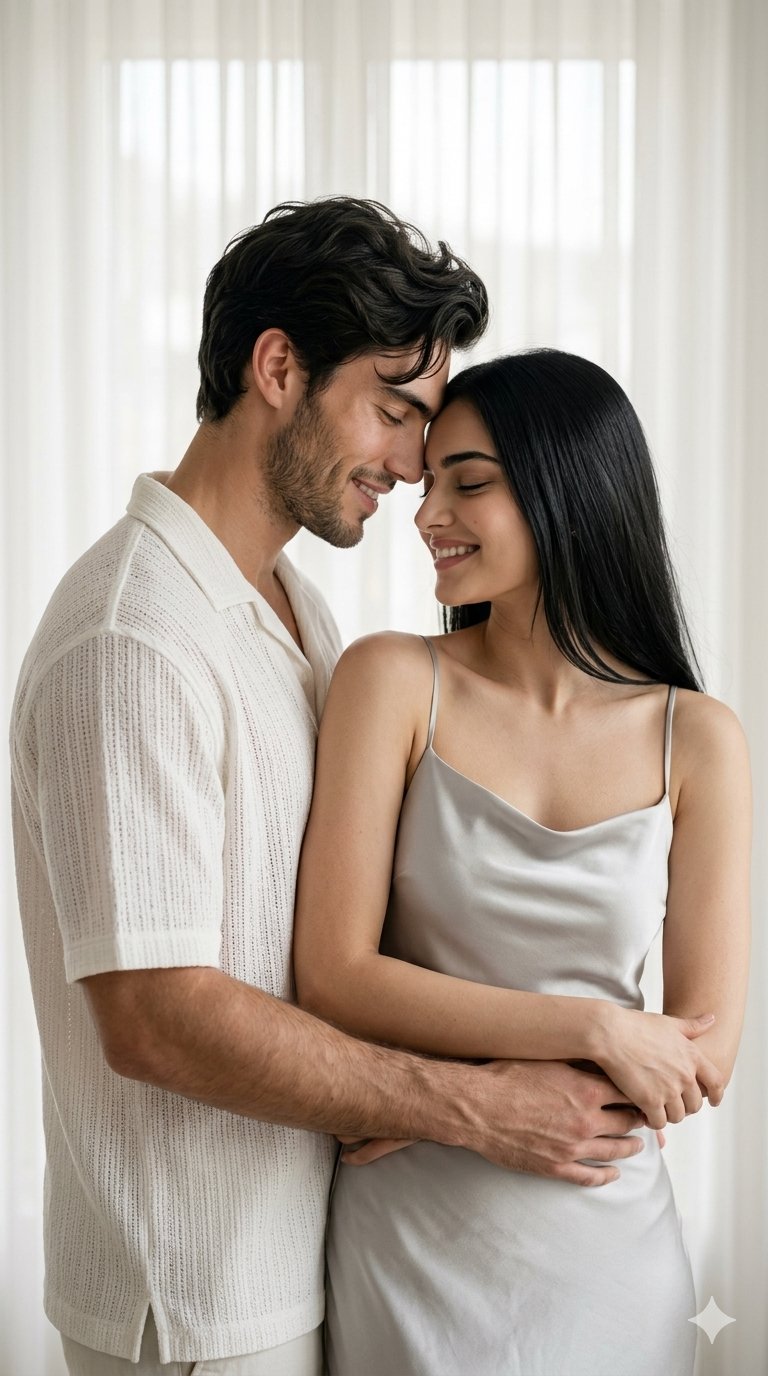 Couple Embracing Soft White Curtains Gentle Lighting