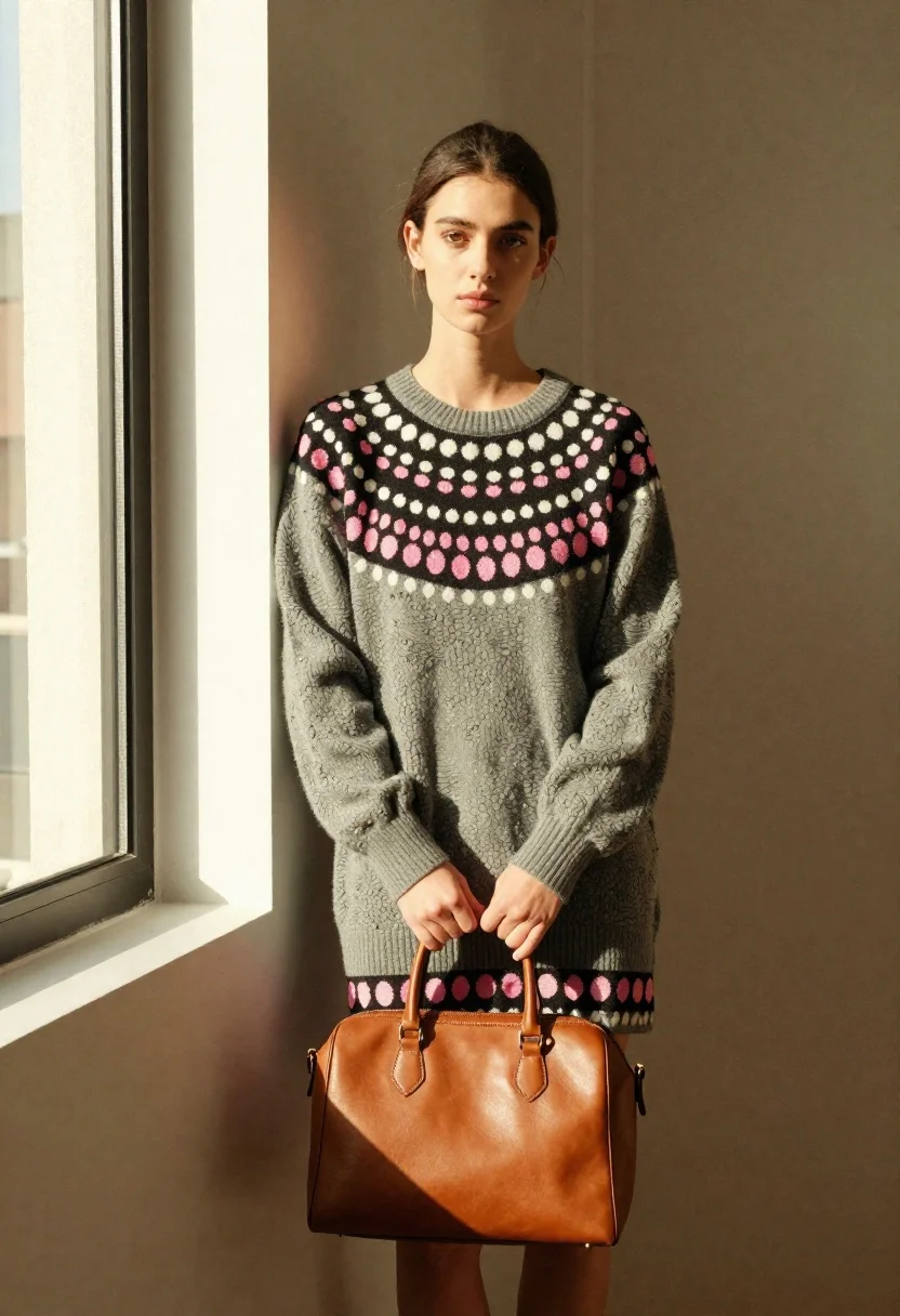 Young Woman Stands Sunlit Corner Holding Brown Leather Handbag Subject reference photo