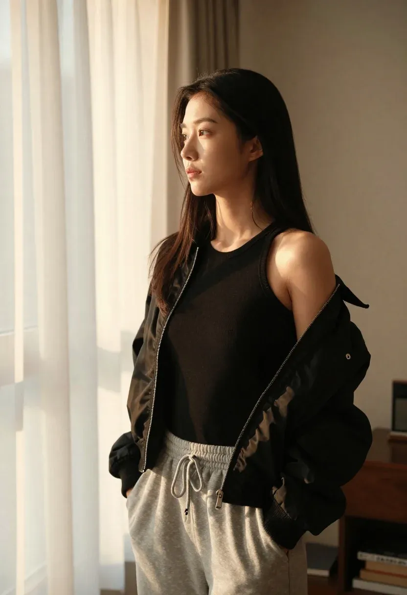Young Woman With Long Dark Hair Stands Sunlit Room Gazing