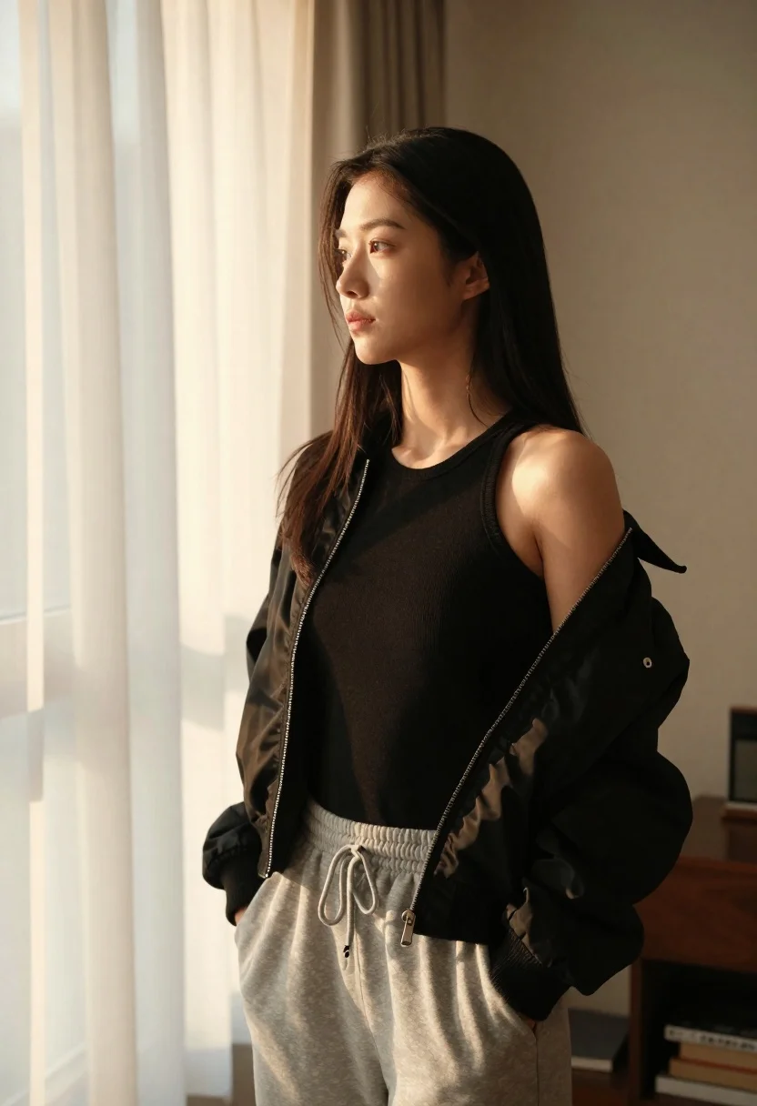 Young woman with long dark hair in a sunlit room, gazing thoughtfully as warm sunlight highlights her features.