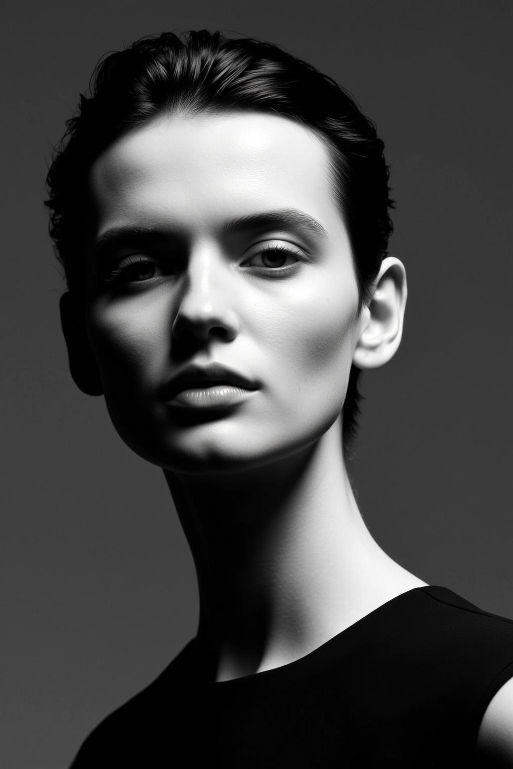 Close-up Head-and-shoulders Portrait Young Woman With Short Dark Slicked-back Hair