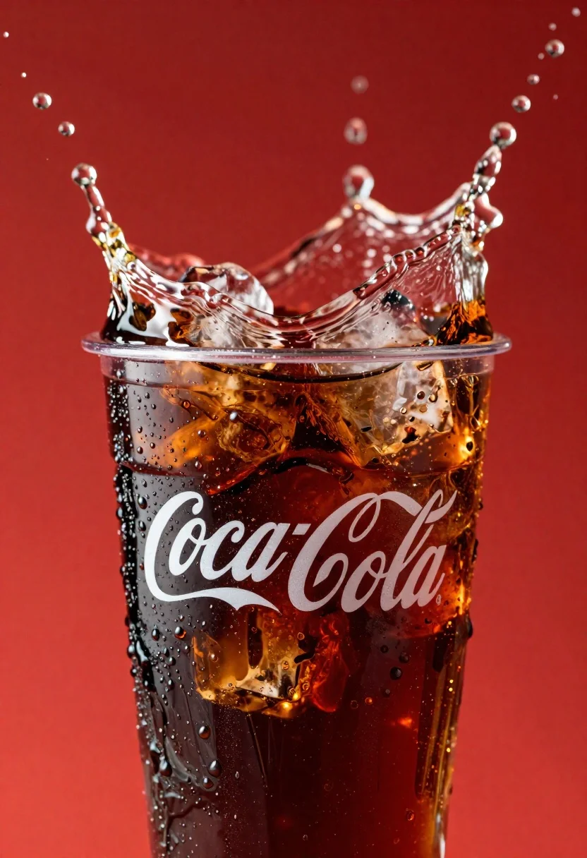 Refreshing Glass Coca-cola With Ice Cubes Splashing Dynamically Against Vibrant