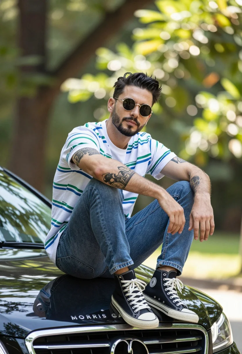 Man Sits Casually The Hood Dark Car With Trees The