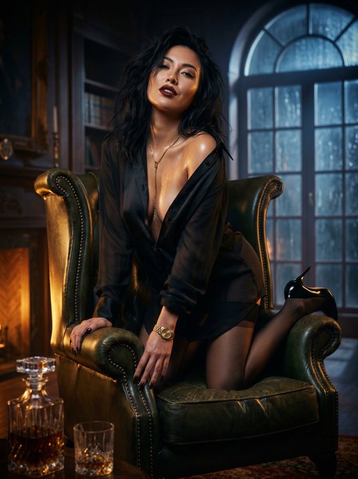 A woman in sheer silk poses on a vintage leather throne, illuminated by amber firelight and icy moonlight, exuding power and vulnerability.