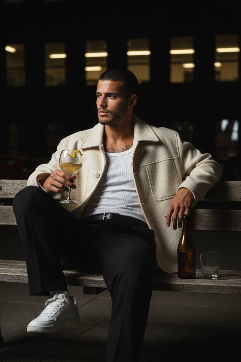 A man seated on a wooden bench, wearing a cream oversized jacket, holding a glass goblet against a night urban backdrop.