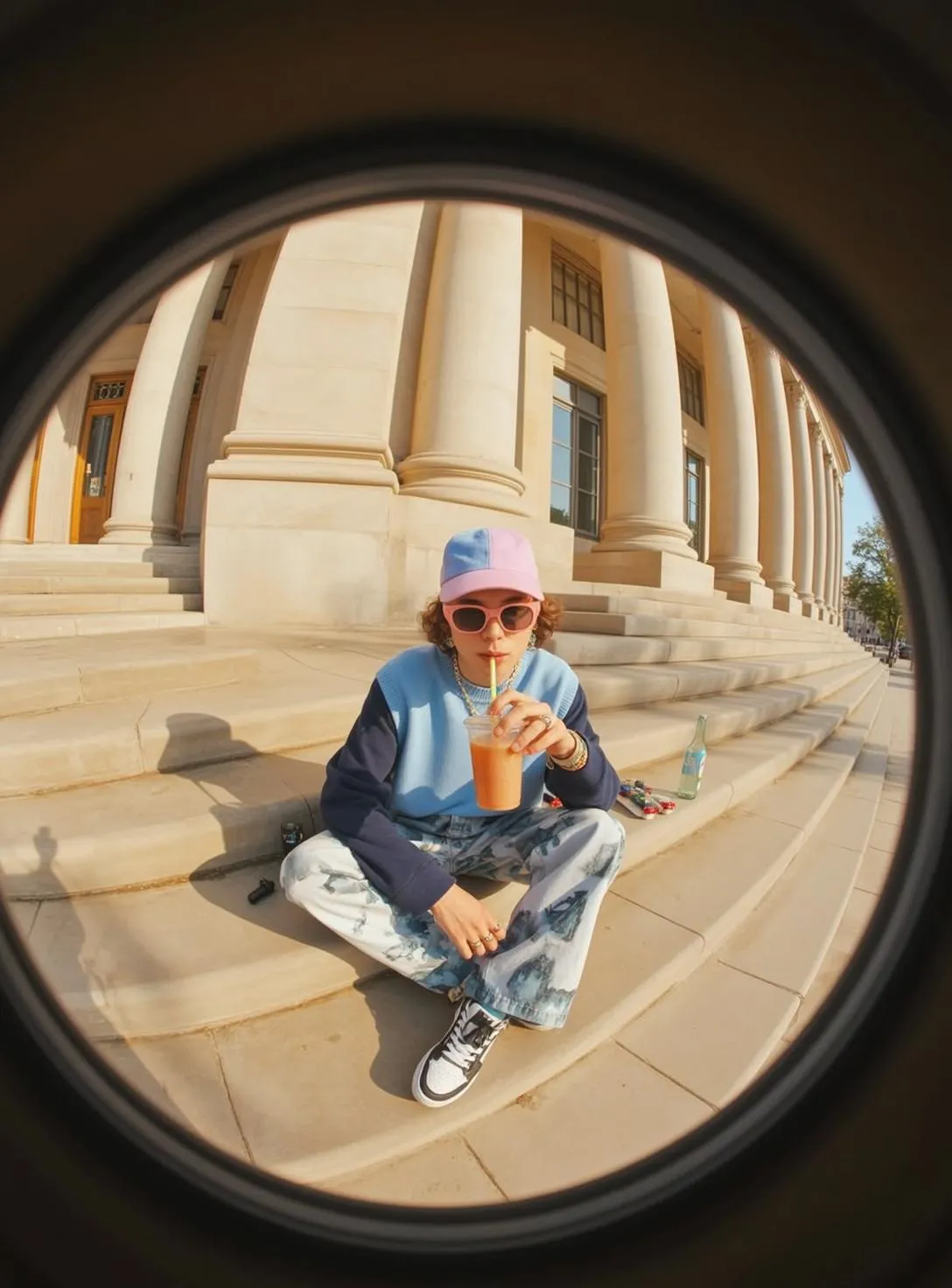 Sunglasses And Necklace In Fisheye Portrait