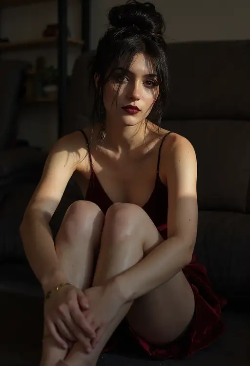 A captivating woman with pale skin and a messy low bun sits in a dimly lit room wearing a dark-red velvet slip dress.