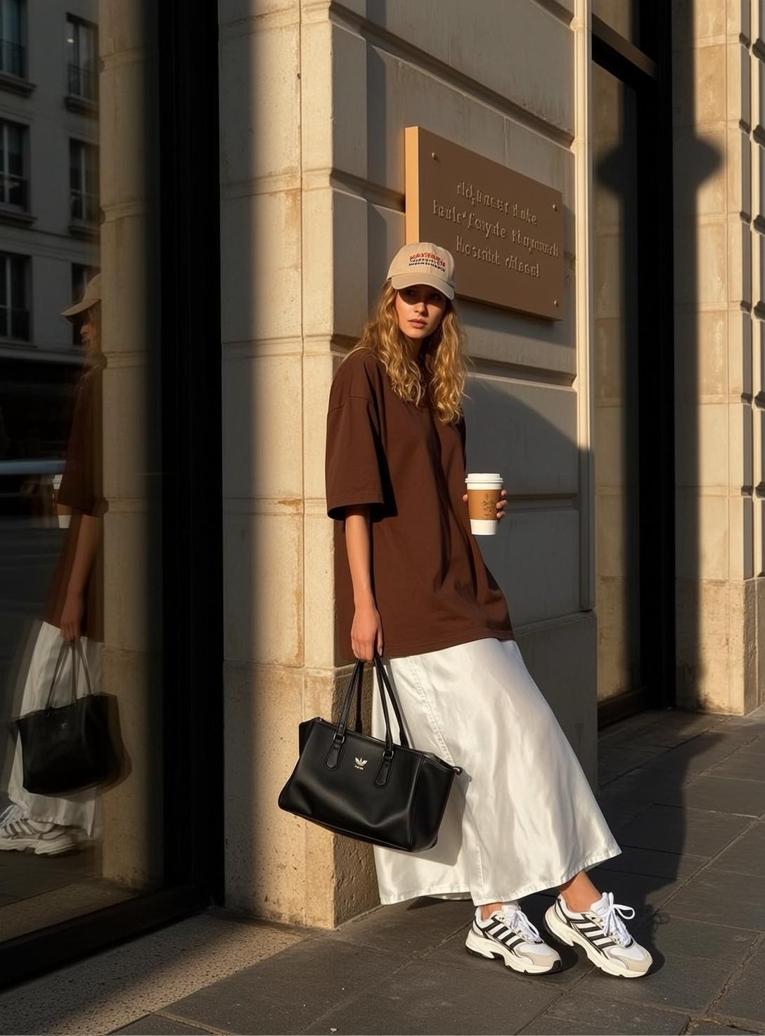 Brown Tee and Satin Skirt Street