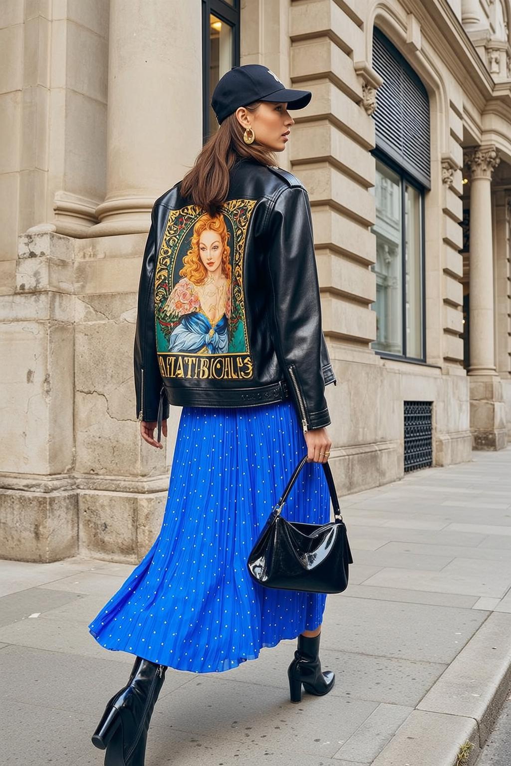 Biker Jacket Blue Polka Dot Skirt Walking Away