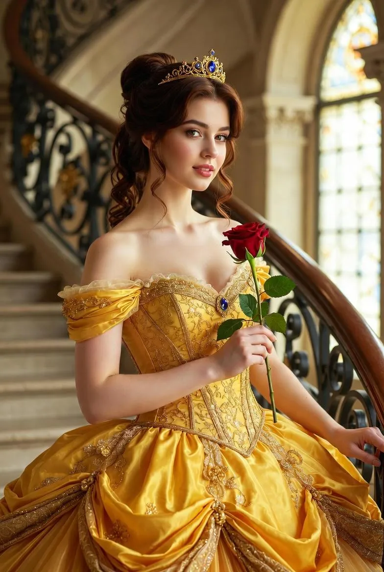Golden Ballgown Holding Red Rose On Opulent Staircase