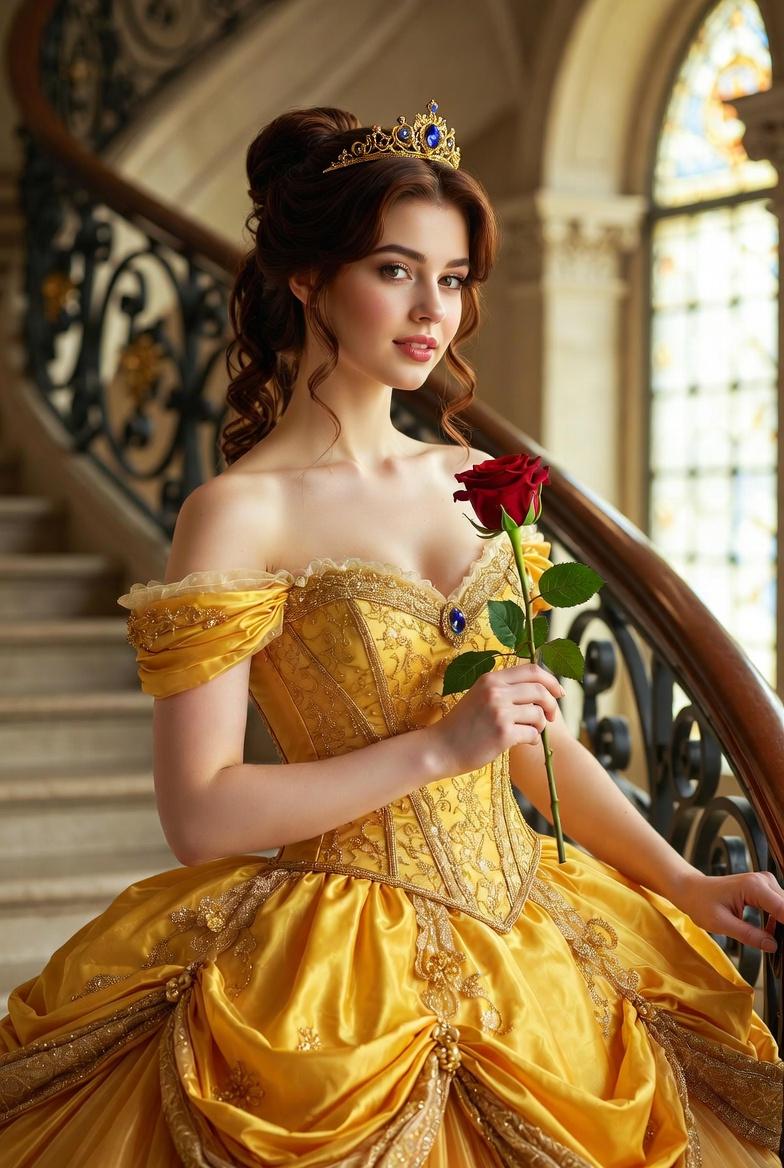 Golden Ballgown Holding Red Rose On Opulent Staircase